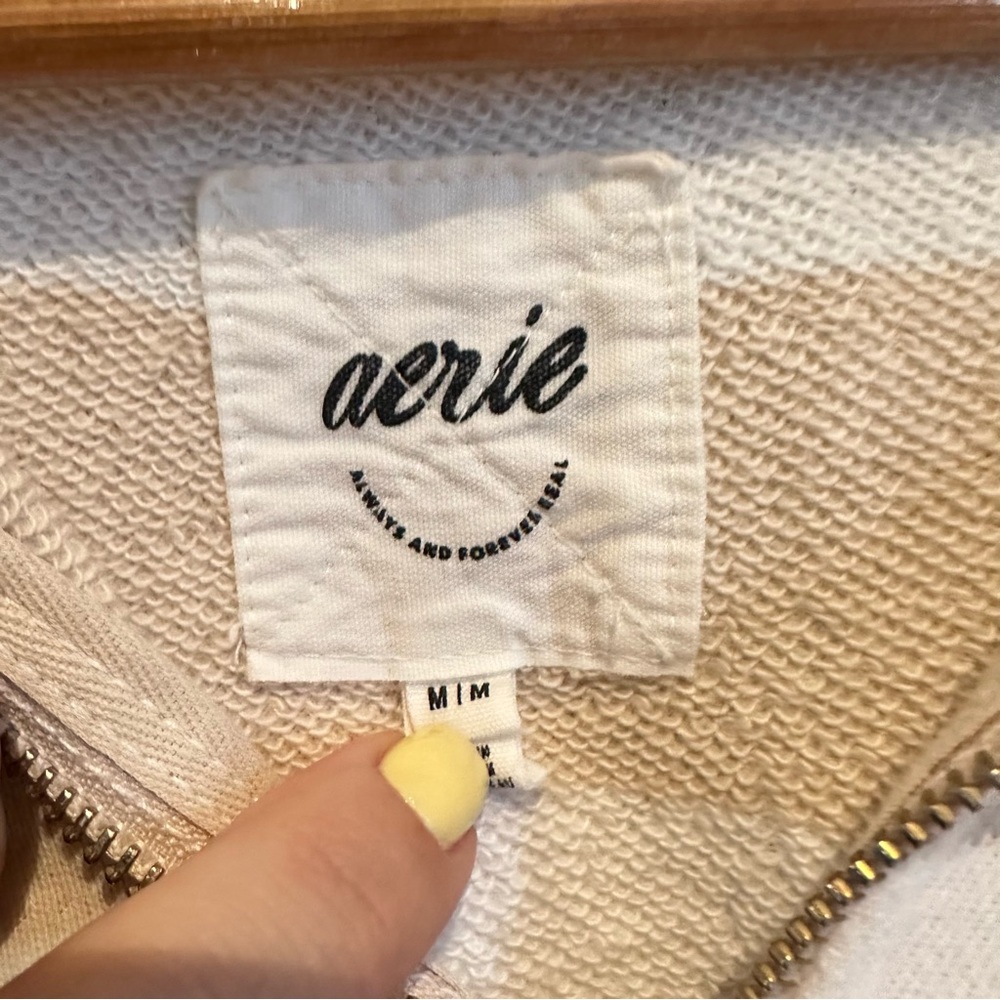 Aerie suns out 1/4 zip beige and white strip pullover sweatshirt - Picture 2 of 4